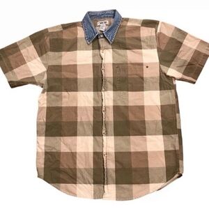 Vtg Cherokee Men Large Checkered Plaid Shirt Button Up Denim Collar Multicolor